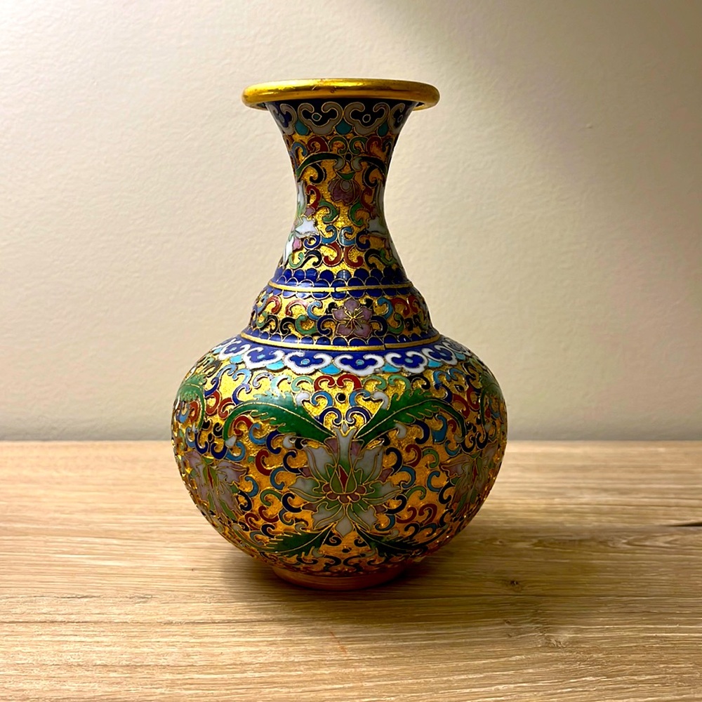 Vintage Chinese Champleve Cloisonné Gilt Asian Lotus Vase